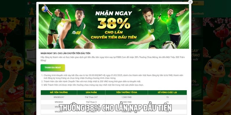 Khuyến mãi fb88 thưởng 38% cho lần nạp đầu tiên
