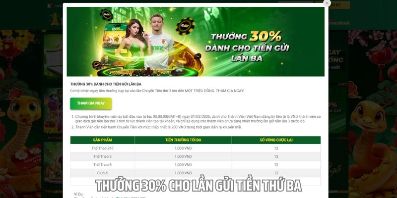 Thưởng 30% cho lần gửi tiền thứ ba giúp bạn có thêm nguồn vốn