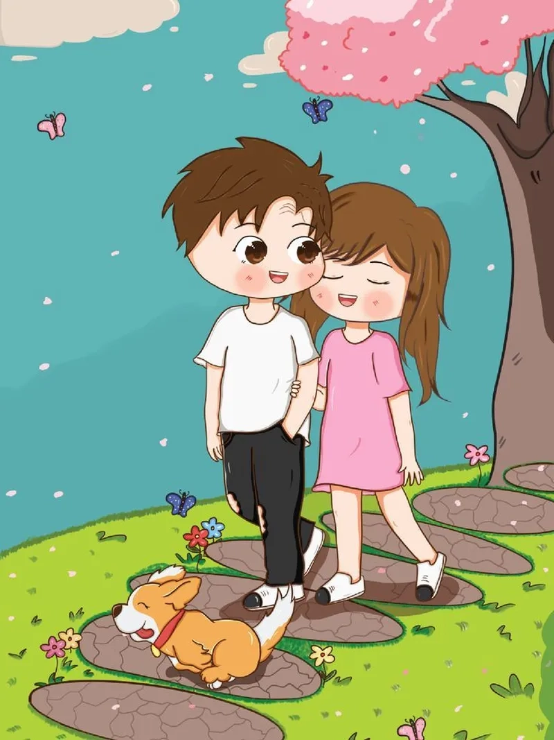 Hình ảnh cặp đôi yêu nhau chibi thể hiện tình cảm lãng mạn