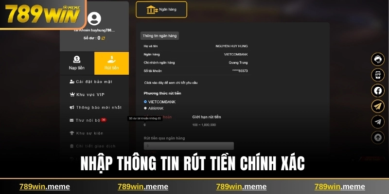 Nhập thông tin rút tiền tại nhà cái chính xác 