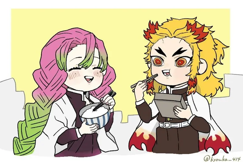 Ngắm Mitsuri and Rengoku chibi trong khoảnh khắc dễ thương