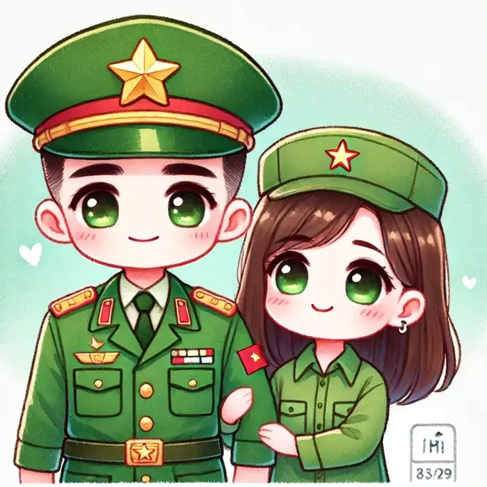 Bé chú bộ đội chibi cười tươi tắn