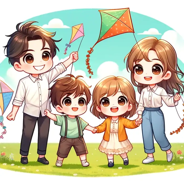 Ảnh gia đình hạnh phúc hoạt hình chibi đầy màu sắc