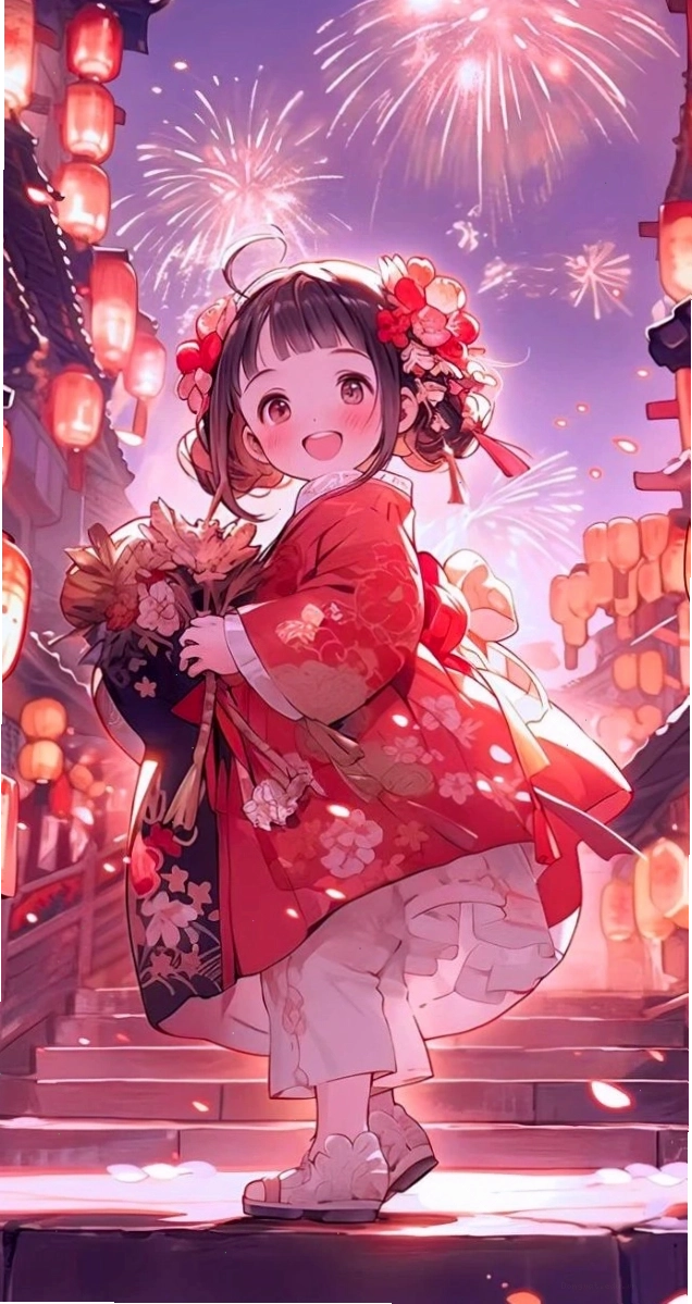 Anime bé gái và đèn lồng, mang không khí Tết ấm áp
