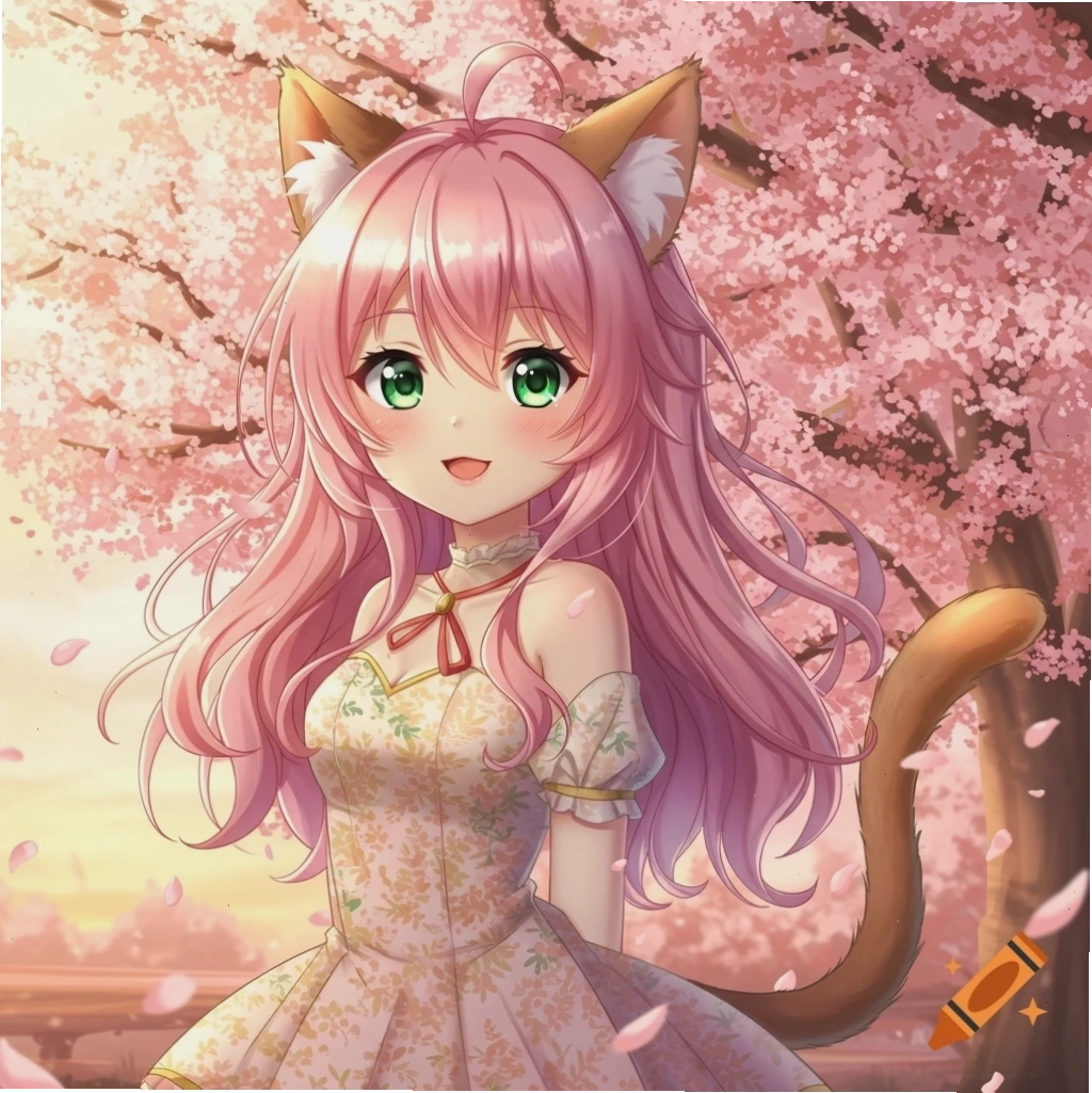 Anime catgirl với váy hoa dưới tán hoa anh đào