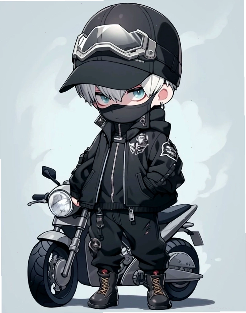 Anime chibi boy với đôi mắt đỏ bí ẩn và biểu cảm lạnh lùng
