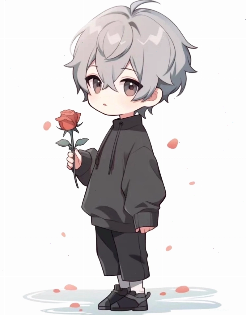 Anime chibi boy với mái tóc dài che một phần khuôn mặt, tăng thêm vẻ bí ẩn