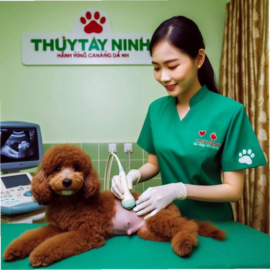 Bác sĩ thú y đang thực hiện siêu âm cho chó