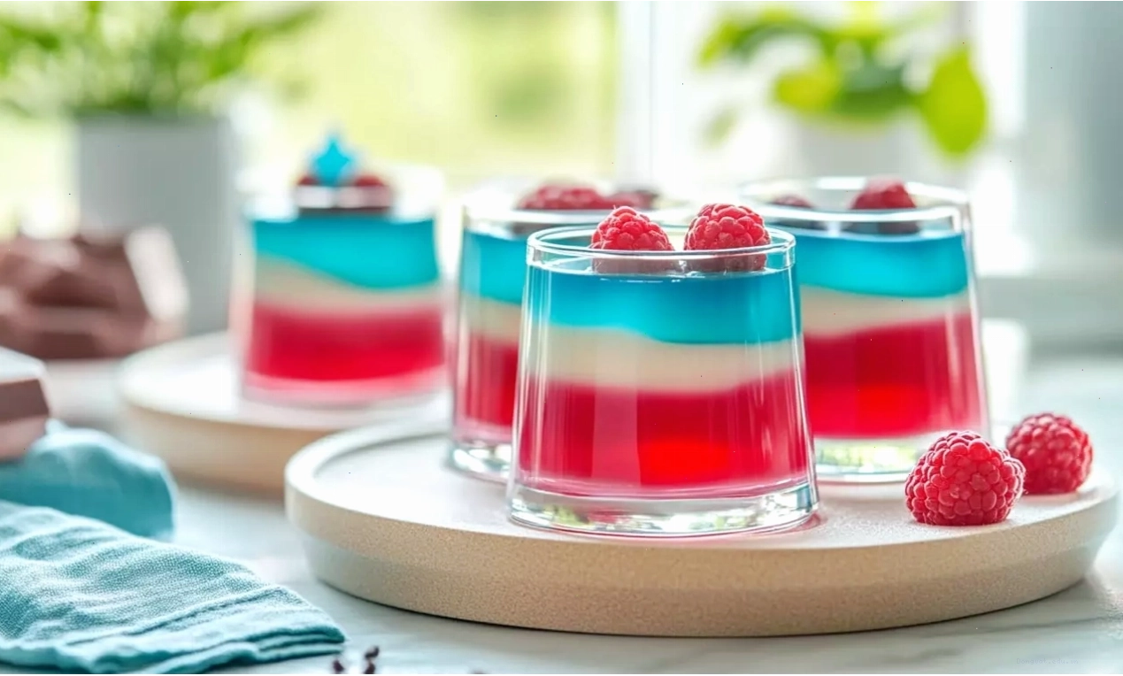 Bát thạch rau câu nhiều lớp màu đỏ, trắng và xanh dương được trang trí bằng quả mâm xôi tươi