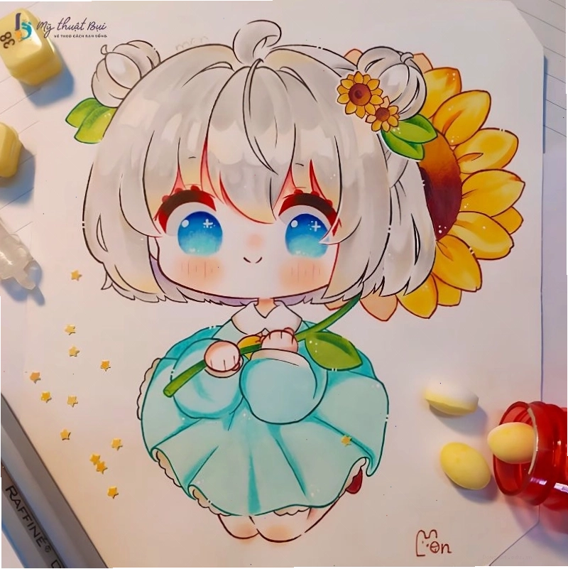 Bức vẽ chú gấu bông chibi với nụ cười hiền lành