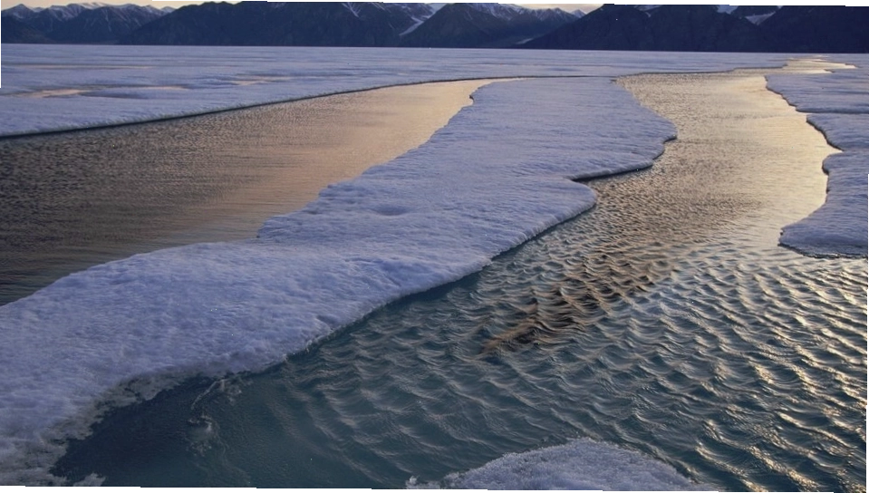 Cảnh quan Bắc Cực với núi non và mặt nước đóng băng