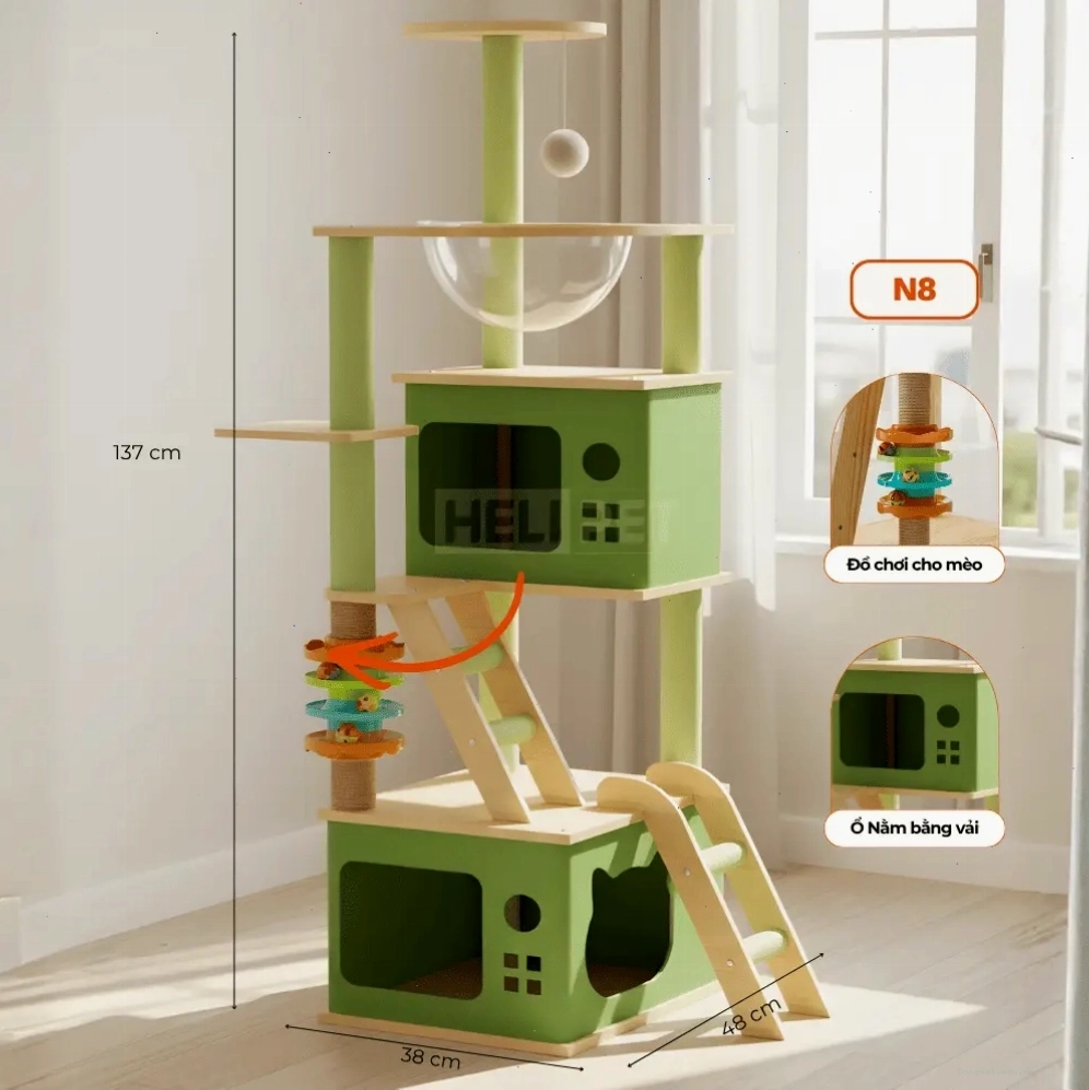 Cây mèo HELIPET N8 với thiết kế nhiều tầng và trụ cào móng bằng vải bố