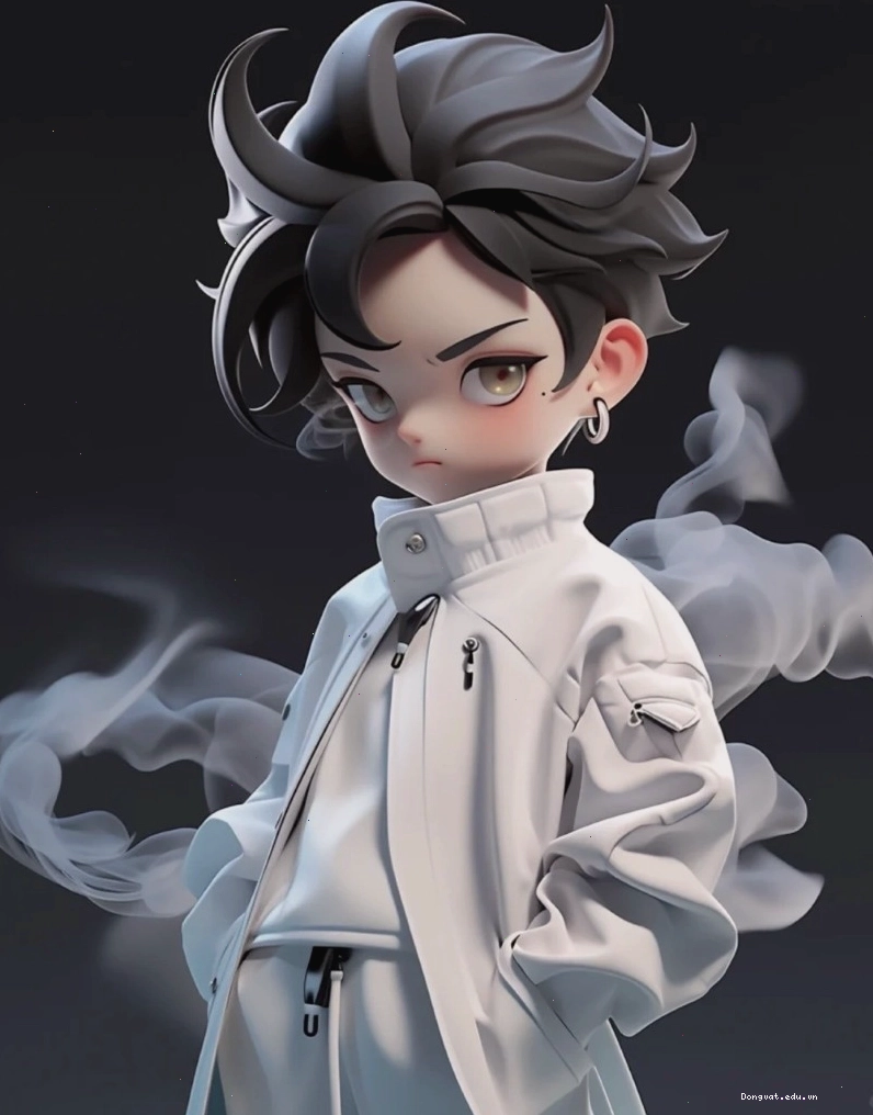 Chàng trai anime chibi cute với mái tóc bạch kim và ánh mắt lạnh lùng