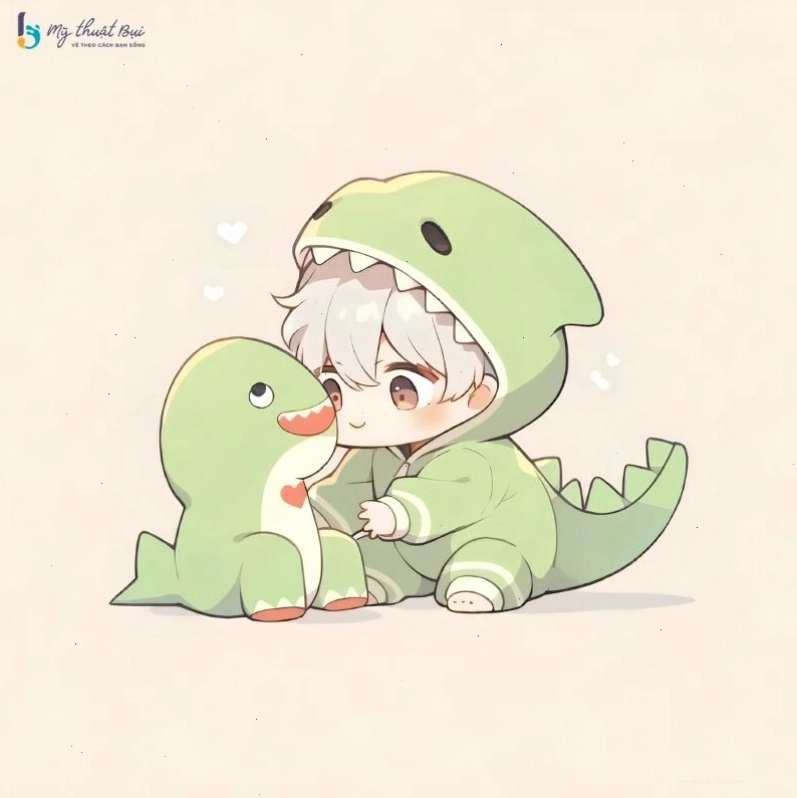 Chàng trai chibi nam với mái tóc nâu và nụ cười tươi tắn