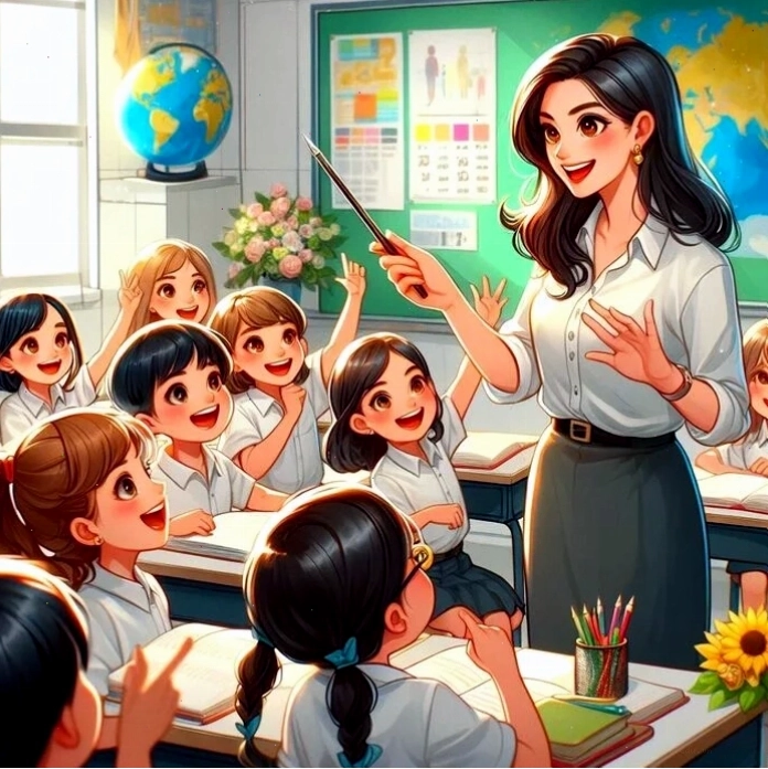 Chibi cô giáo và học sinh trong không khí vui tươi