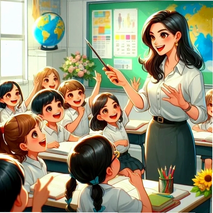 Chibi cô giáo và học sinh trong lớp học