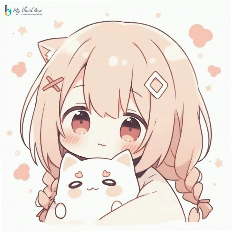 Chibi nữ dễ thương với mái tóc dài và phụ kiện nơ xinh xắn