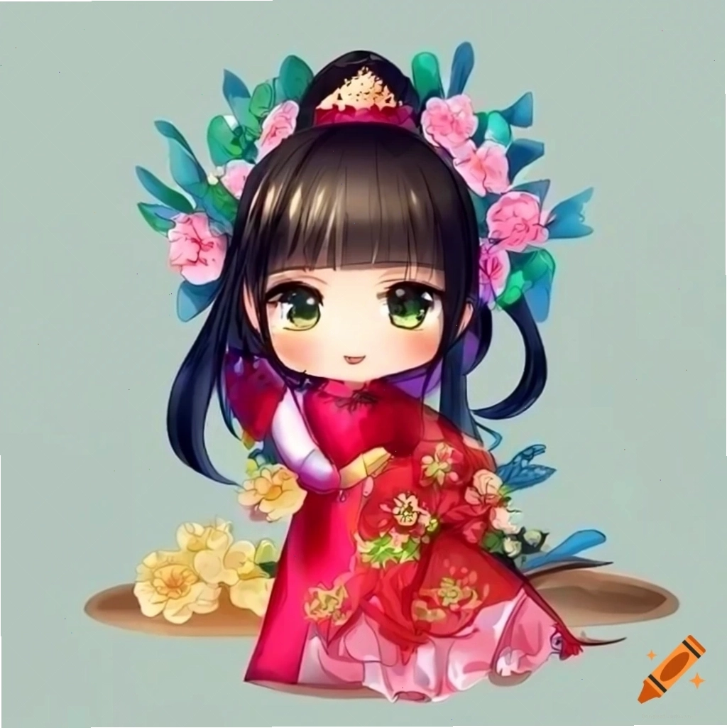 Chibi Việt Nam mặc áo dài với hoa văn truyền thống