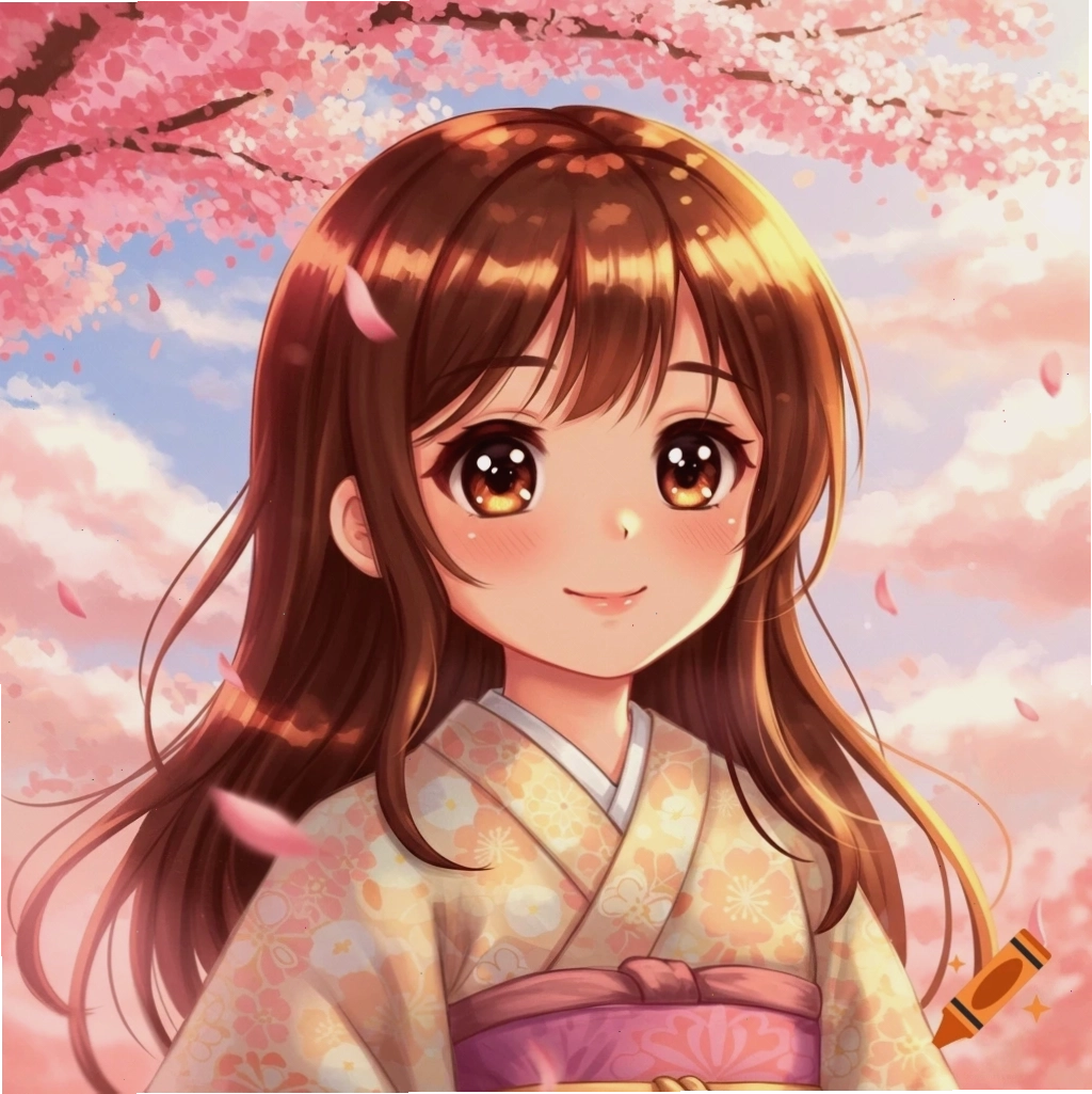 Cô gái anime dễ thương mặc kimono dưới hoa anh đào