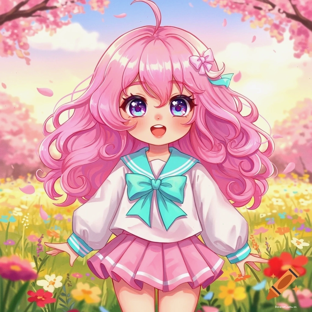 Cô gái anime tóc hồng mặc đồng phục thủy thủ trong vườn hoa