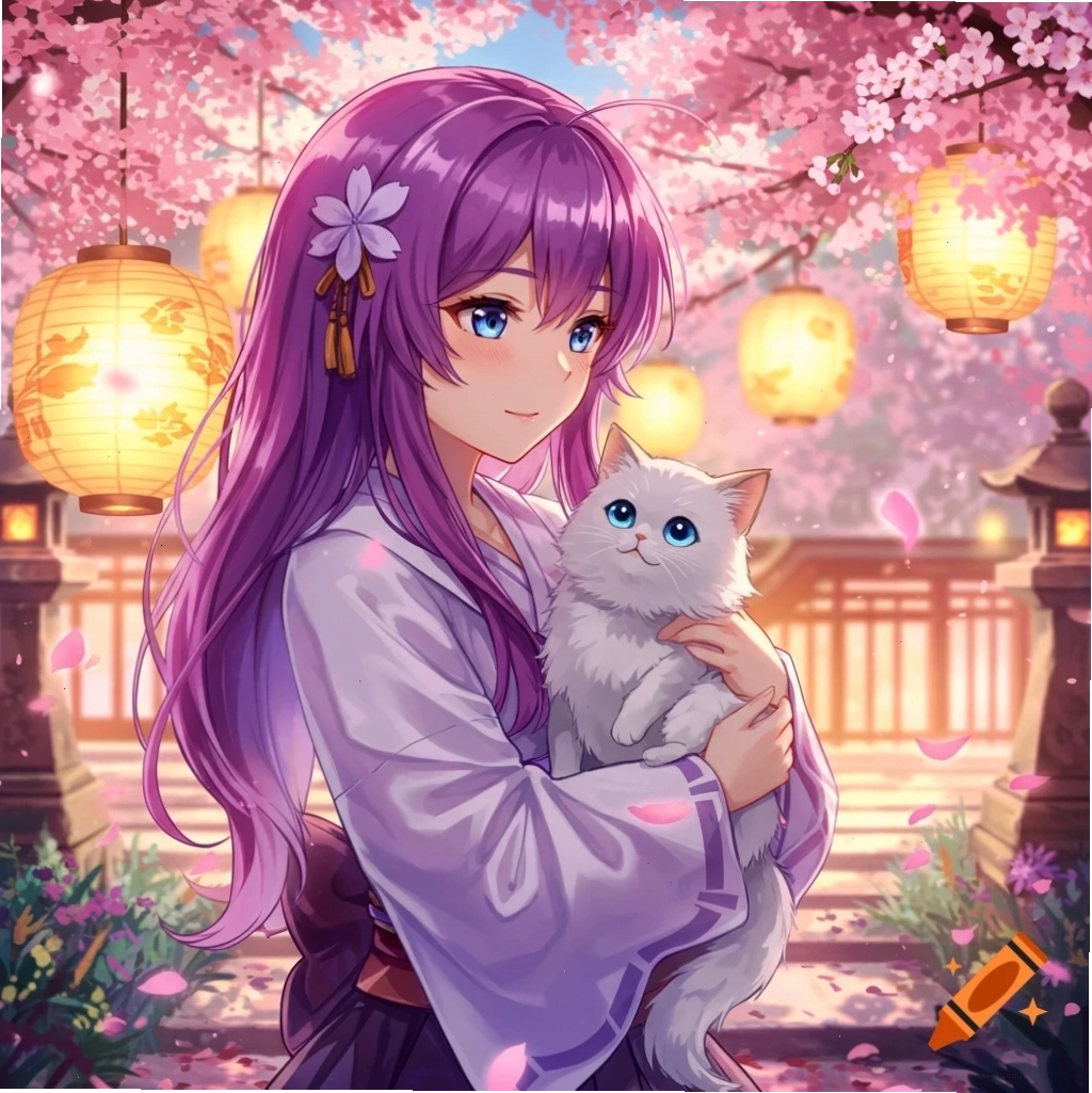 Cô gái anime tóc tím cầm mèo, xung quanh là hoa anh đào