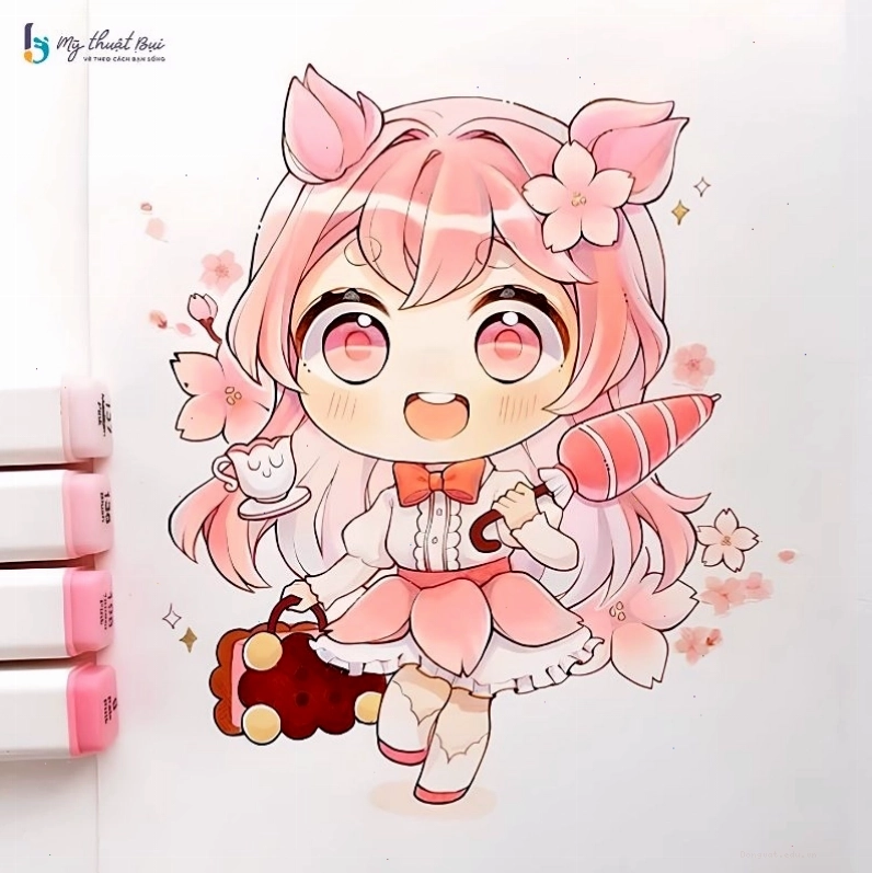 Cô gái chibi đang mỉm cười dịu dàng, tay cầm một bông hoa nhỏ xinh xắn