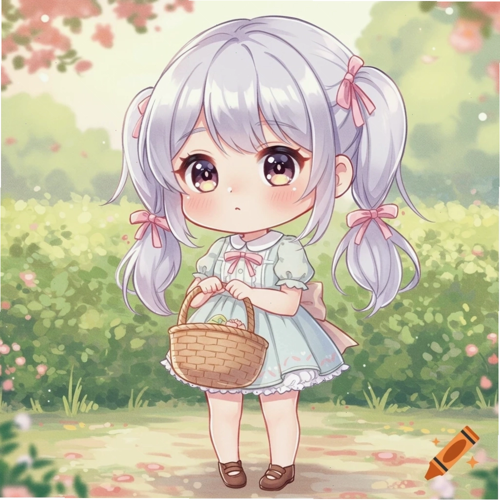 Cô gái chibi dễ thương cầm giỏ trong vườn hoa