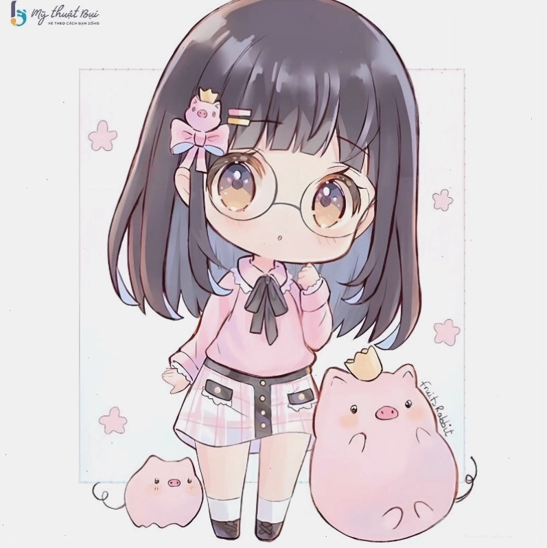 Cô gái chibi dễ thương với mái tóc tím và trang phục điệu đà