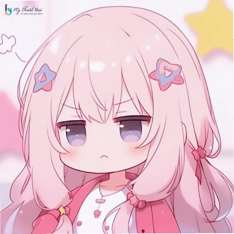 Cô gái chibi mặc váy hoa, tay cầm bó hoa nhỏ
