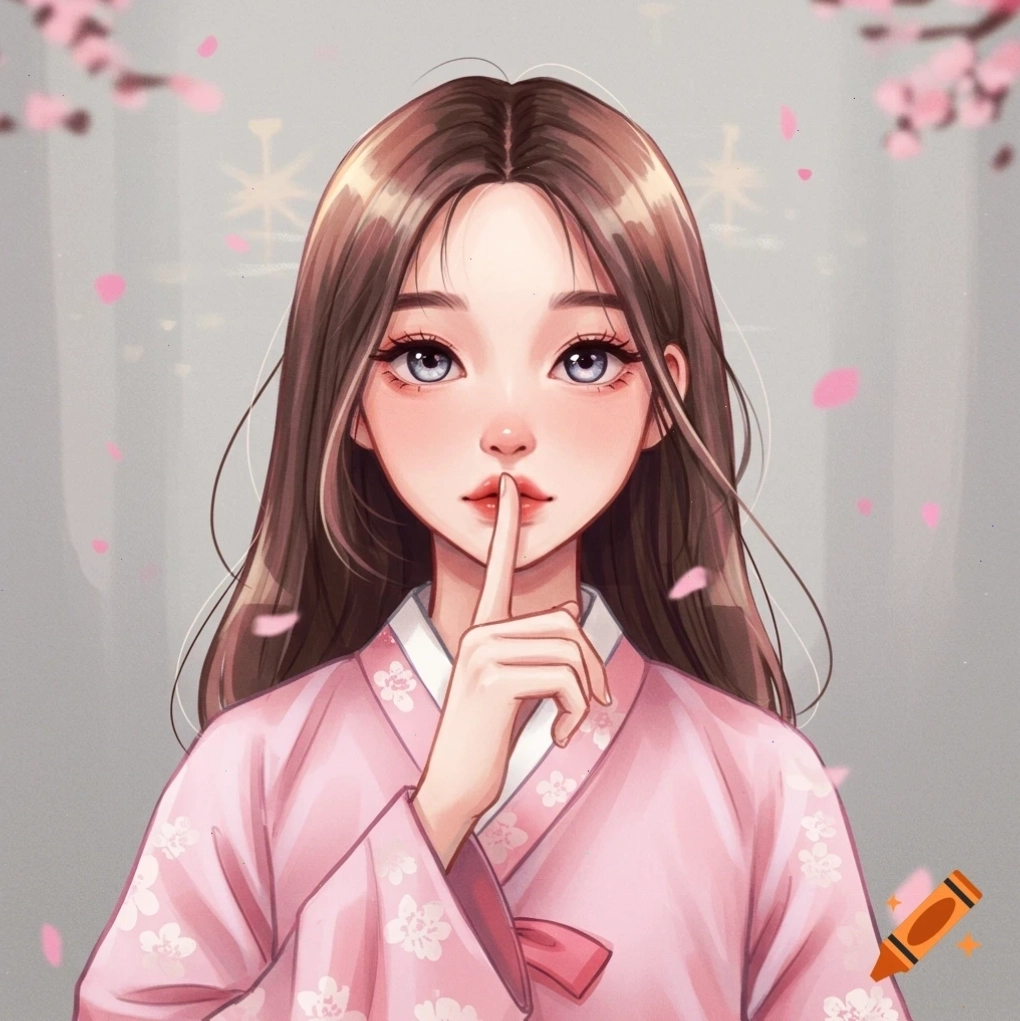 Cô gái mặc hanbok hồng tạo dáng im lặng
