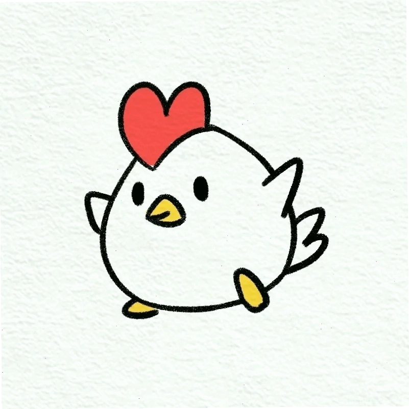 Gà chibi đang mổ thóc với biểu cảm thích thú
