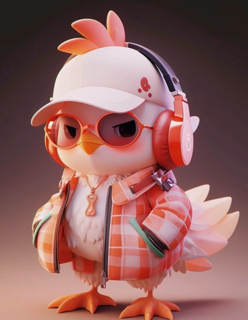Gà chibi với đôi mắt tròn xoe và biểu cảm ngây thơ