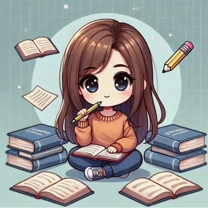 Hình ảnh chibi học sinh cấp 2 đang chăm chú học bài