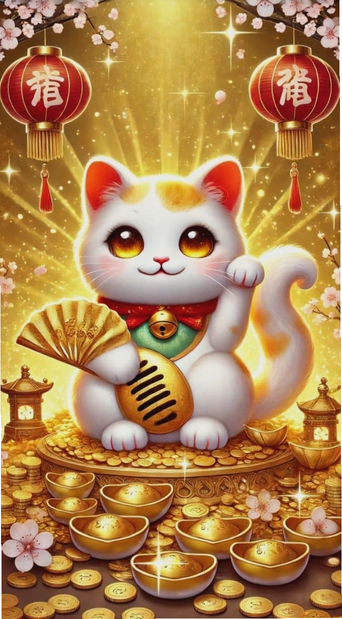 Hình ảnh mèo thần tài chibi cute đang vẫy tay chào mừng