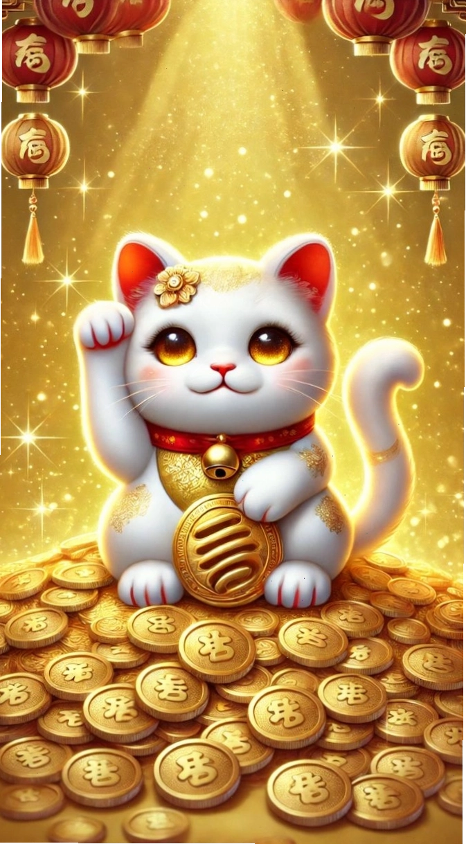 Hình ảnh mèo thần tài chibi nhỏ nhắn đang cầm một nén vàng lấp lánh