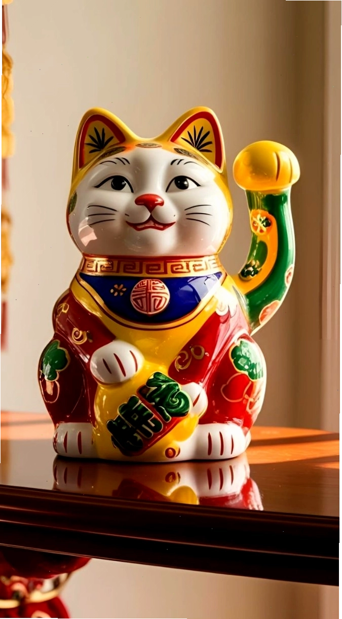 Hình ảnh mèo thần tài hoạt hình màu vàng lấp lánh