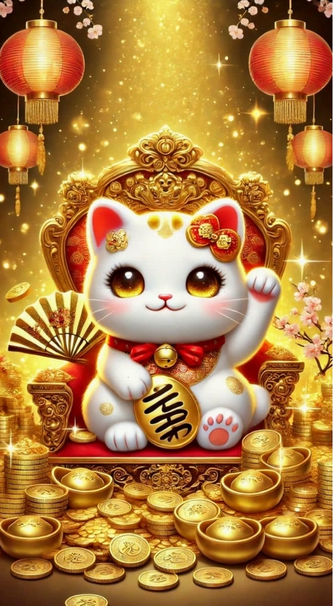 Hình nền mèo thần tài chibi đang vẫy tay, tay còn lại cầm một vật phẩm chiêu tài