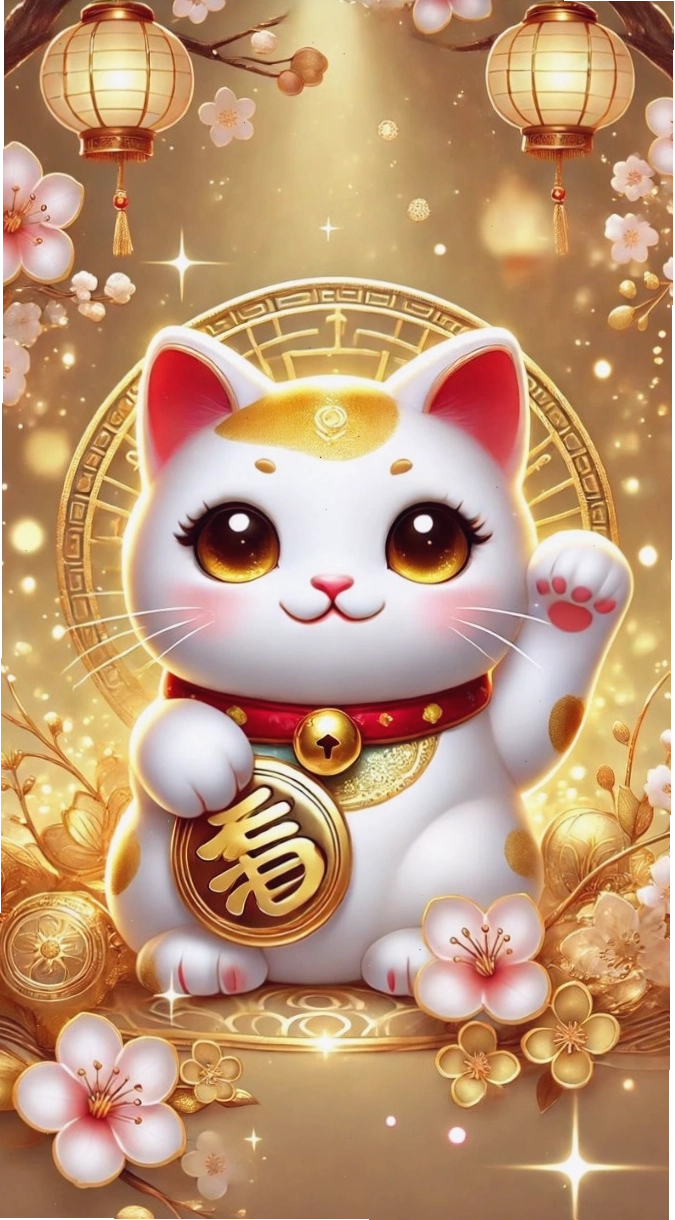 Hình nền mèo thần tài chibi dễ thương đang ôm một thỏi vàng lớn