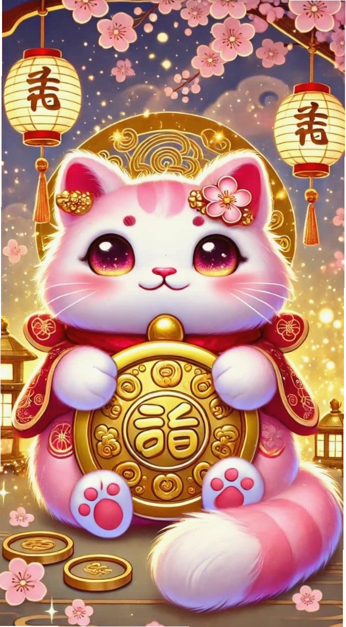 Hình nền mèo thần tài chibi màu hồng đáng yêu với phụ kiện dễ thương