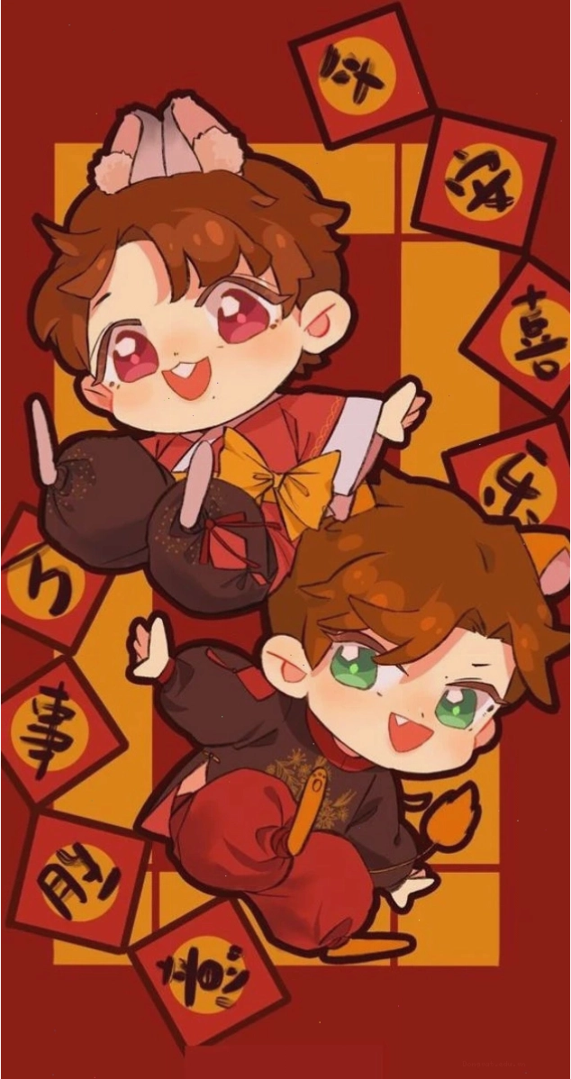 Hình nền Tết anime cute với trang phục truyền thống