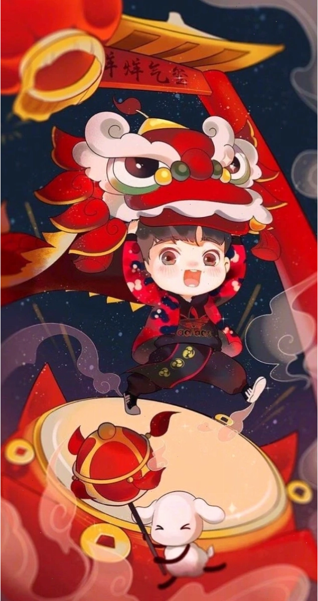 Hình nền Tết anime dễ thương với nhân vật nhí nhảnh