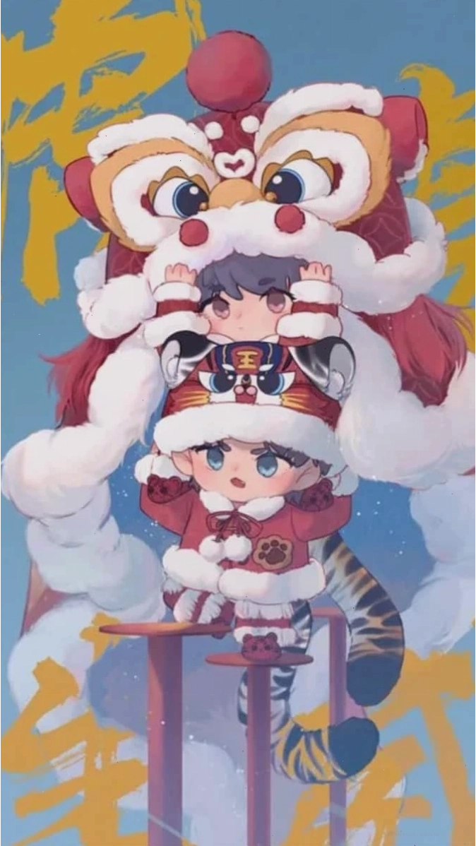 Hình nền Tết Chibi 2026 Bính Ngọ với nhân vật dễ thương