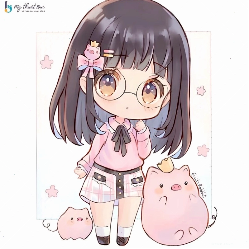 Hình vẽ chibi nữ cute với tỷ lệ đầu lớn, mắt to tròn