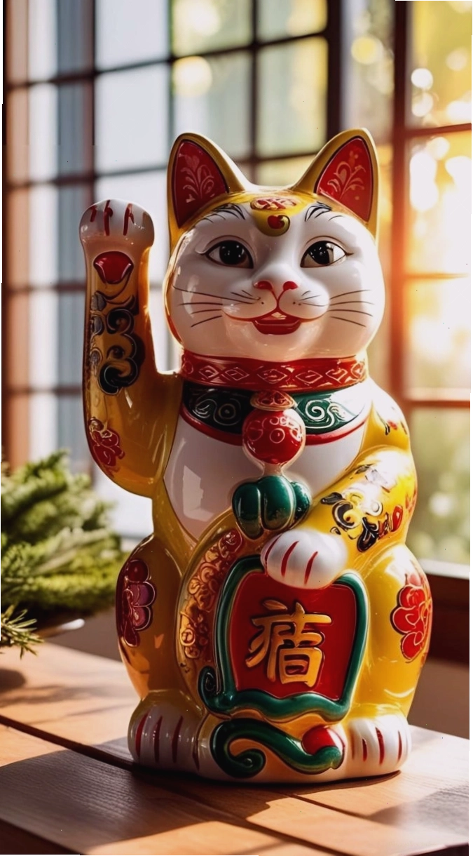 Mèo thần tài hoạt hình màu vàng khác với các vật phẩm phong thủy
