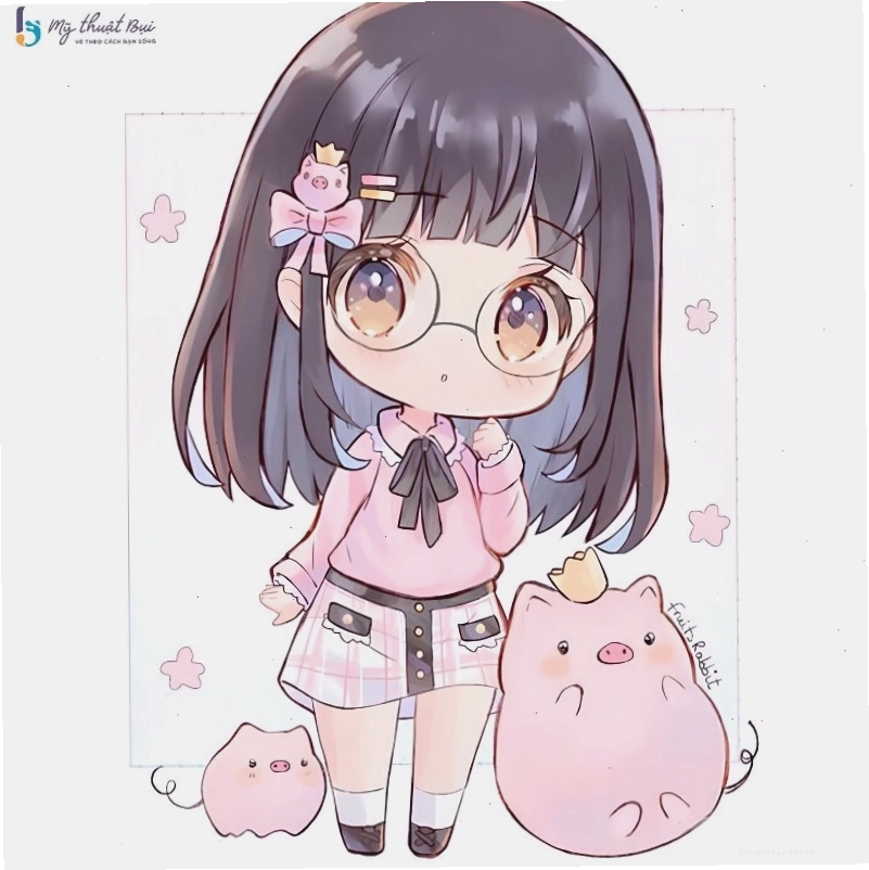 Nhân vật chibi nữ với trang phục học sinh năng động, nụ cười tươi tắn