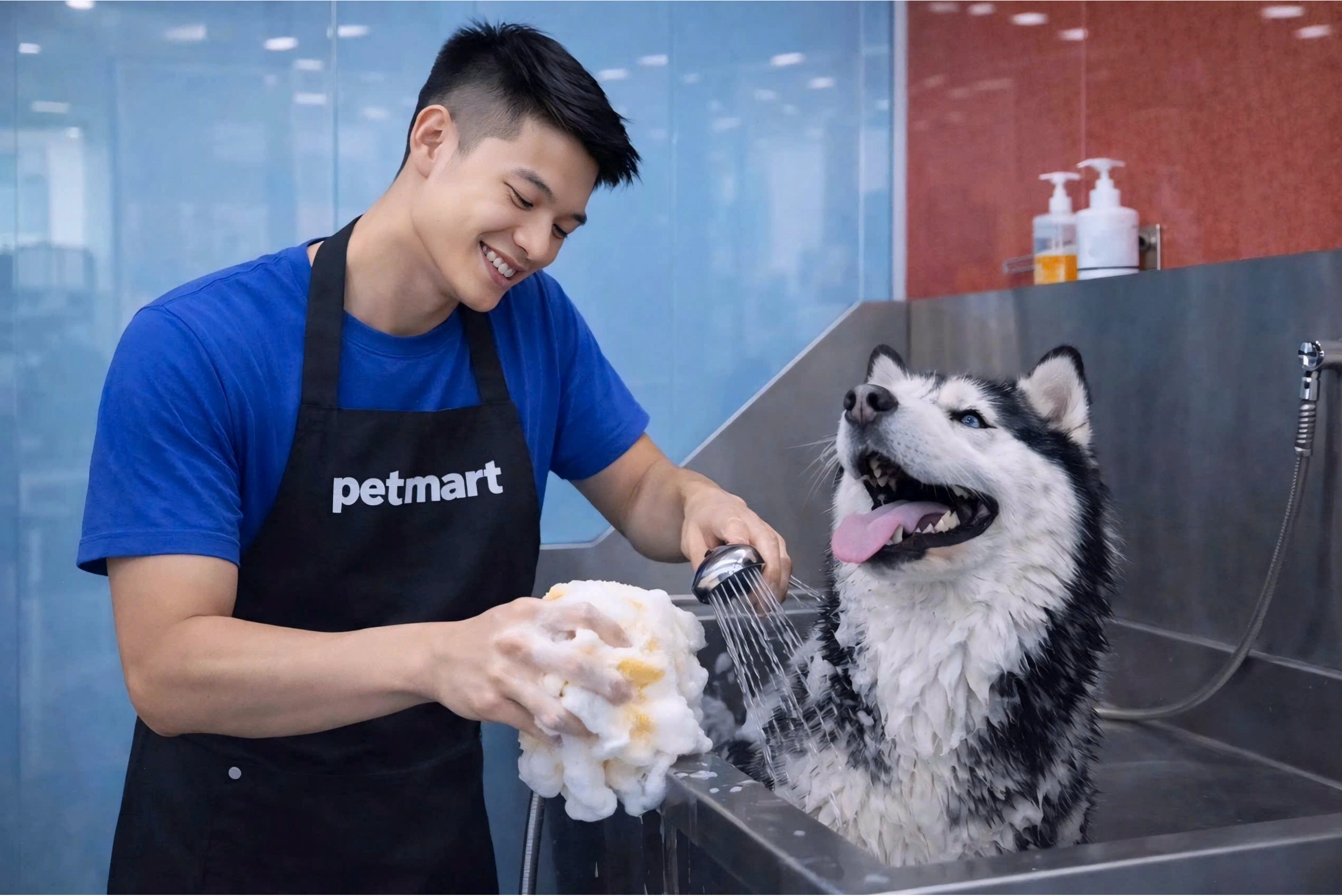 Nhân viên Pet Mart đang thực hiện quy trình tắm và chải lông cho chó