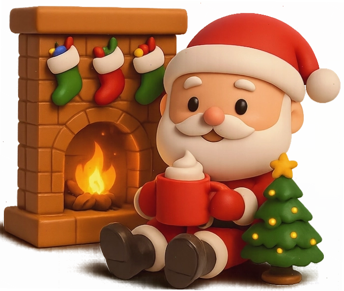 Ông già Noel chibi dễ thương ngồi bên lò sưởi với vớ quà