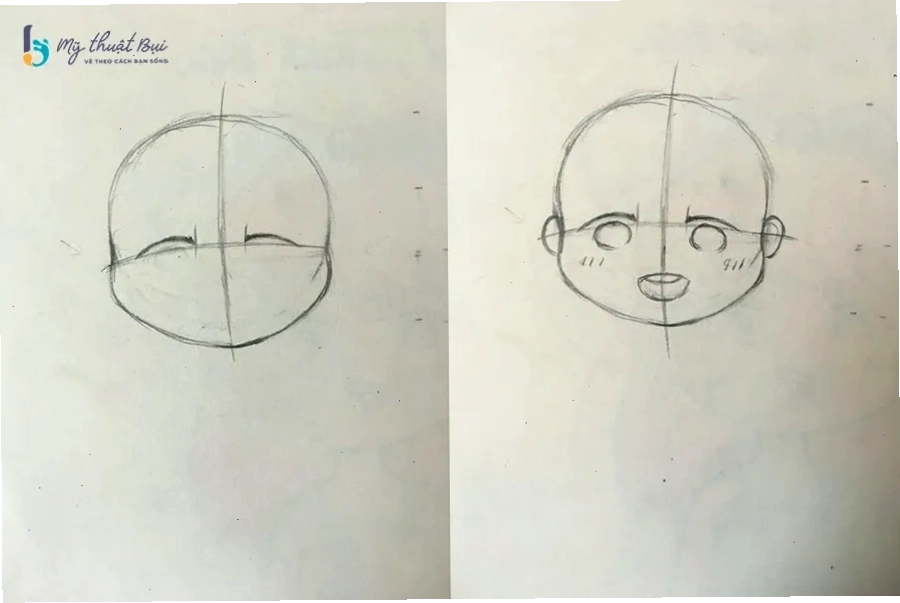 Phác thảo khuôn mặt tròn trịa đặc trưng của nhân vật chibi