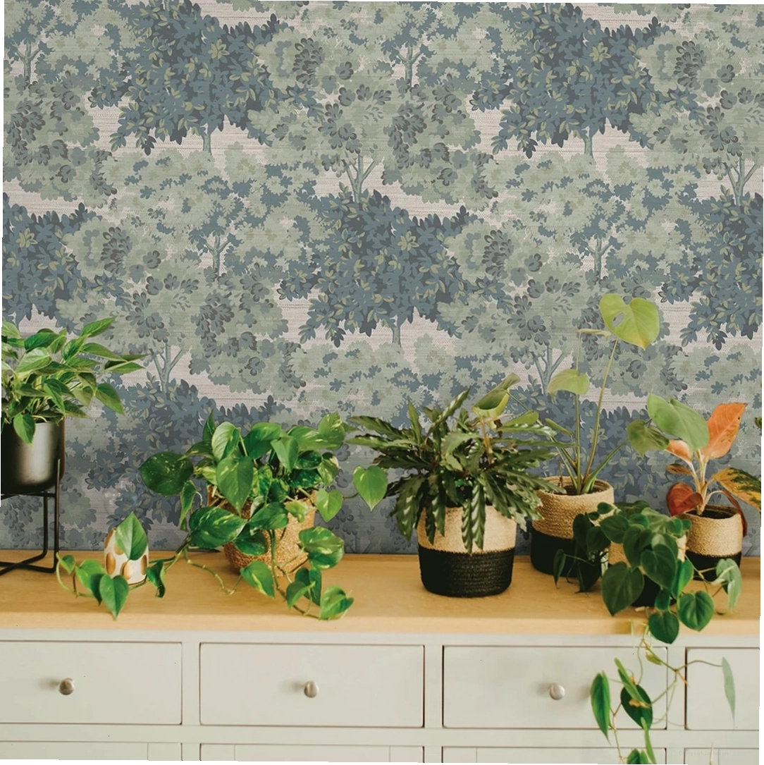 Sage green canopy removable wallpaper in a modern bedroom